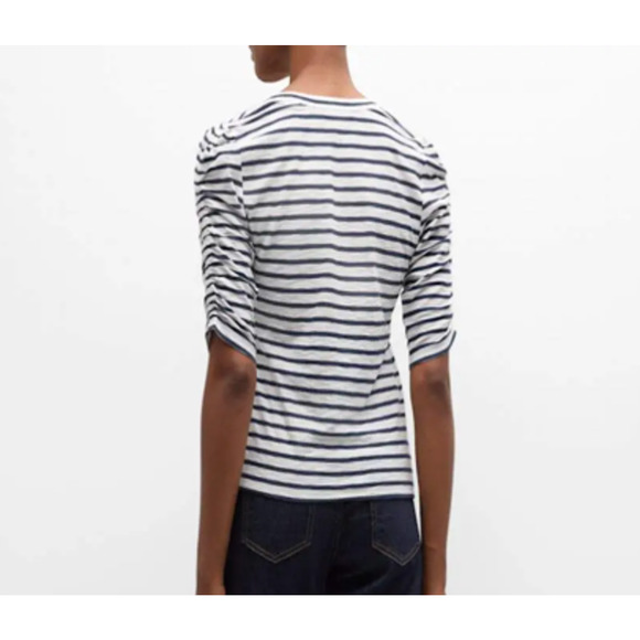 VERONICA BEARD TOP WOMENS SIZE SMALL NETTO TEE SHIRT PUFF SLEEVE NAVY WHITE - Picture 2 of 15